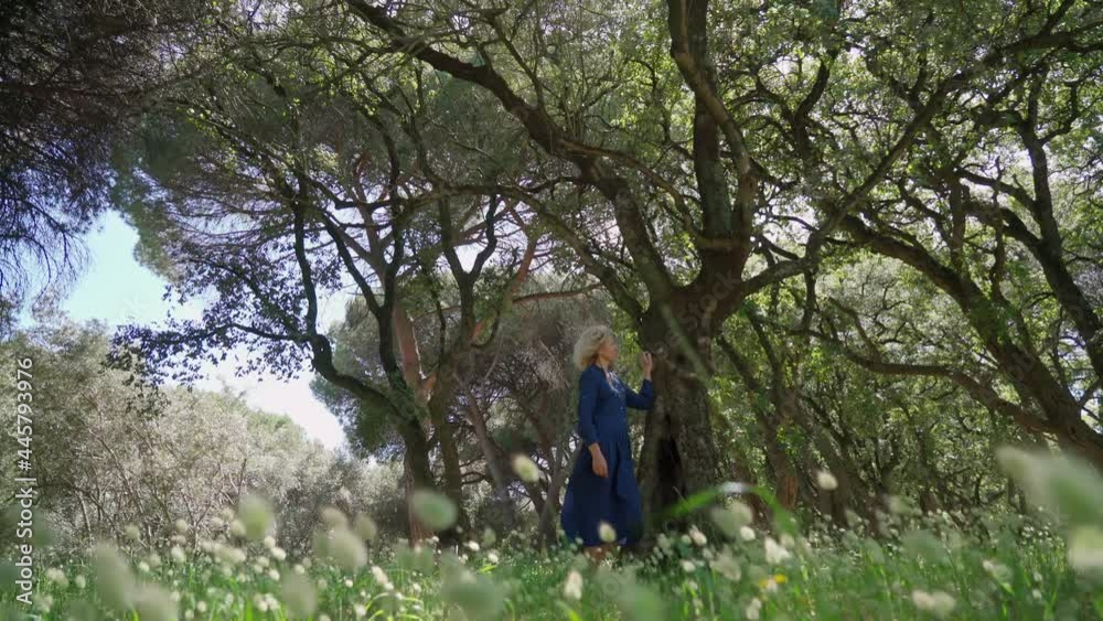 A European woman, middle-aged in a dress, walks on a prak with tall grass. With a philosophical romantic mood. Slow motion A European woman, middle-aged in a dress, walks on a prak with tall grass. With a philosophical romantic mood. Slow motion