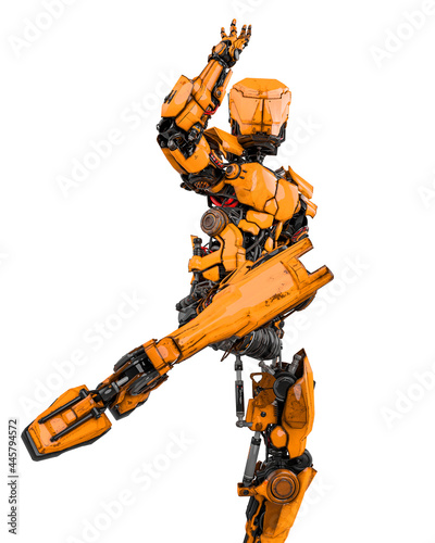 mega robotin is doing some kung fu fighting on white background front view