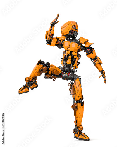 mega robotin is doing some kung fu fighting on white background top view