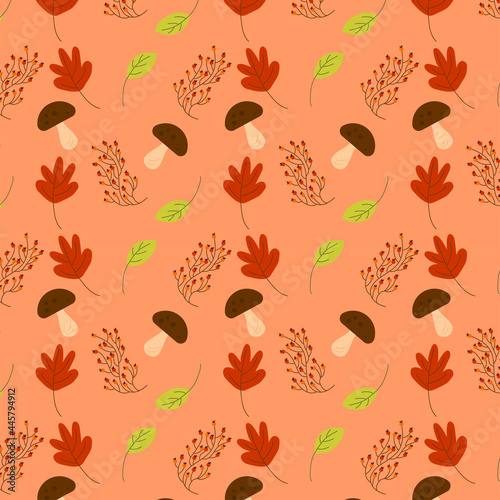 autumn patern with mushrooms, rowan and leaves on orange background
