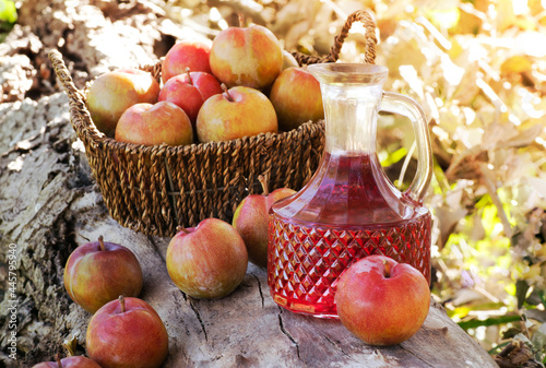 Bottle with red Plums Syrup over a tree stump with a basket full of Plums