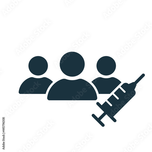 Vaccine Trials thin icon. Group of People and Syringe. Testing Medical Vaccination. Time to vaccinate concept. Syringe simple silhouette icon. Vector illustration
