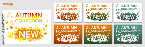 New Autumn Collection promotional banner. Autumn time seasonal new arrivals background with falling leaves for business, seasonal shopping, promotion and advertising. Vector illustration.