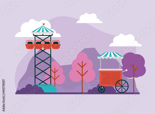 free fall tower and food cart