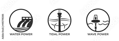 water energy round icon set. tidal, wave and hydroelectric power. environment, sustainable and renewable energy symbols