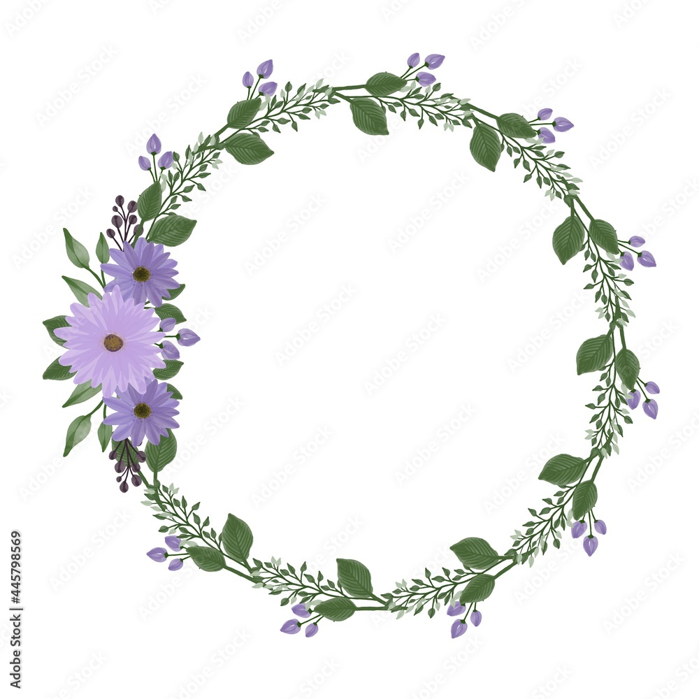circle frame with purple daisy bouquet for wedding card