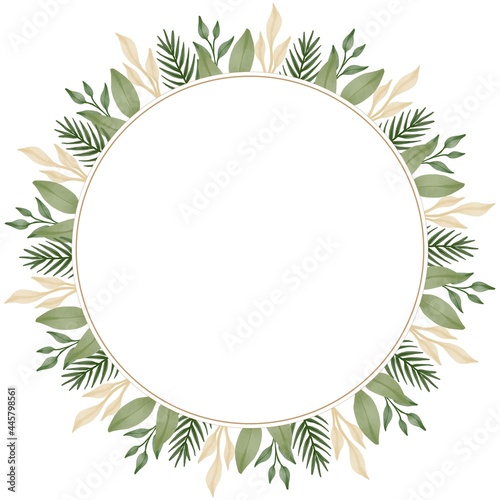 circle frame with green and soft brown leaf border for wedding card photo