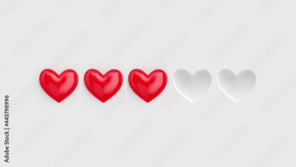 Five heart rating. Three of five red hearts. Rating consisting of red hearts on a white background.