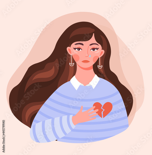 Parting with a loved one concept. A sad woman with a broken heart and tears in her eyes. Problems in relationships. Cartoon modern flat vector illustration isolated on a pink background