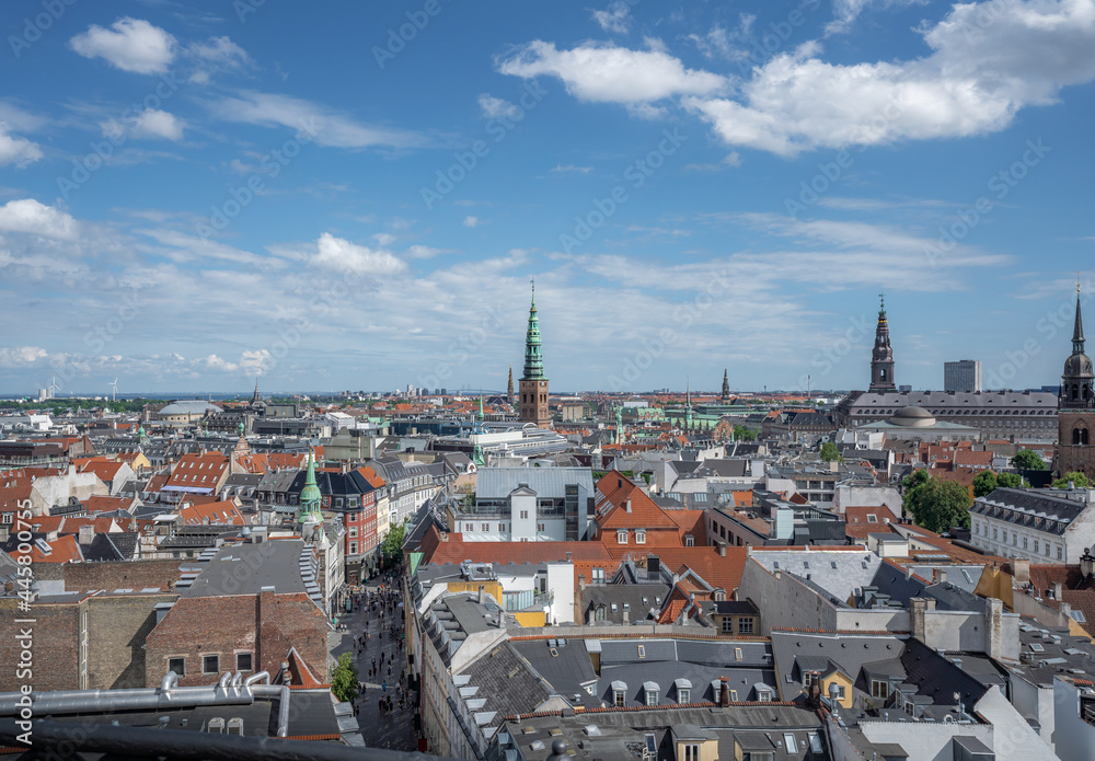 Aerial view of Copenhagen City and Kobmagergade pedestrian shopping street - Copenhagen, Denmark