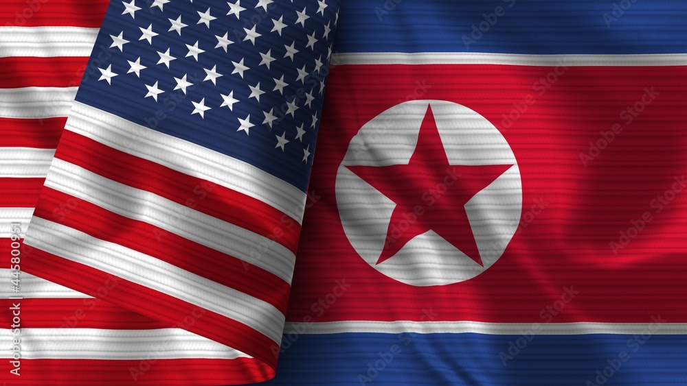 Fototapeta premium North Korea and United States of America Realistic Flag – Fabric Texture 3D Illustration