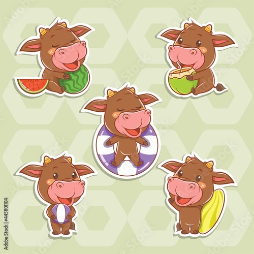 set of a cute cow summer sticker concept
