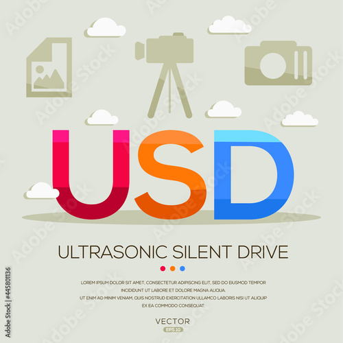 USD mean (Ultrasonic silent drive) photography abbreviations ,letters and icons ,Vector illustration.