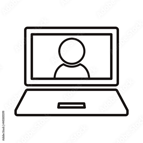 ノートPCでのオンライン通話のシンプルな白黒細線アイコン/白背景