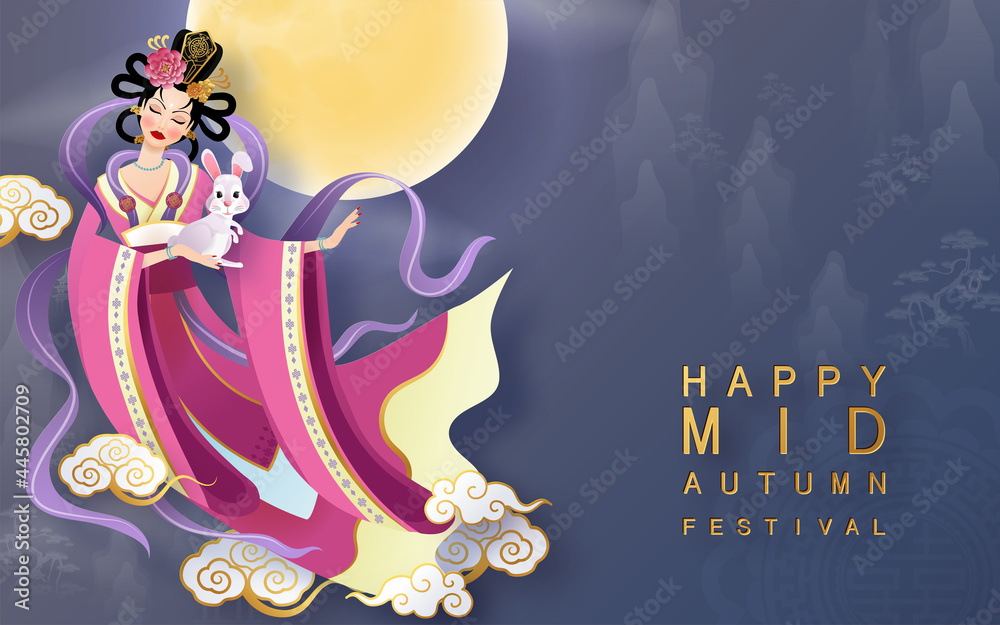 Mid Autumn festival moon goddess chang e with rabbit and moon, mooncake ...