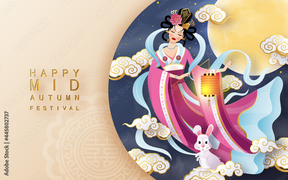 Stockvector Mid Autumn festival moon goddess chang e with rabbit and