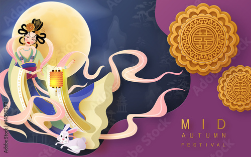 Mid Autumn festival moon goddess chang e with rabbit and moon, mooncake ,flower,chinese lanterns with gold paper cut style on color Background. ( Chinese Translation : Mid Autumn festival )