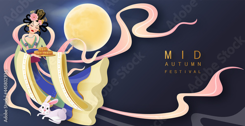 Mid Autumn festival moon goddess chang e with rabbit and moon, mooncake ,flower,chinese lanterns with gold paper cut style on color Background. ( Chinese Translation : Mid Autumn festival )