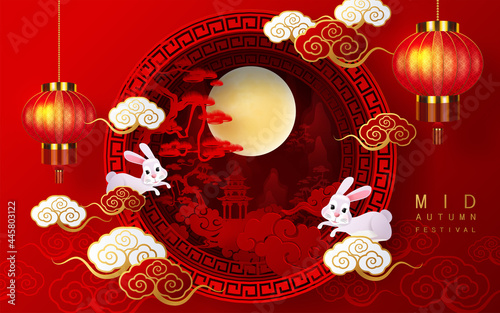 Mid Autumn festival moon goddess chang e with rabbit and moon, mooncake ,flower,chinese lanterns with gold paper cut style on color Background. ( Chinese Translation : Mid Autumn festival )