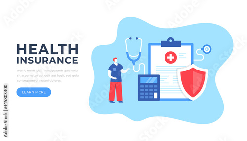 Health insurance. Doctor and clipboard with insurance claim form, shield, calculator and stethoscope. Medical insurance, health coverage, health plan concepts. Flat design. Vector illustration
