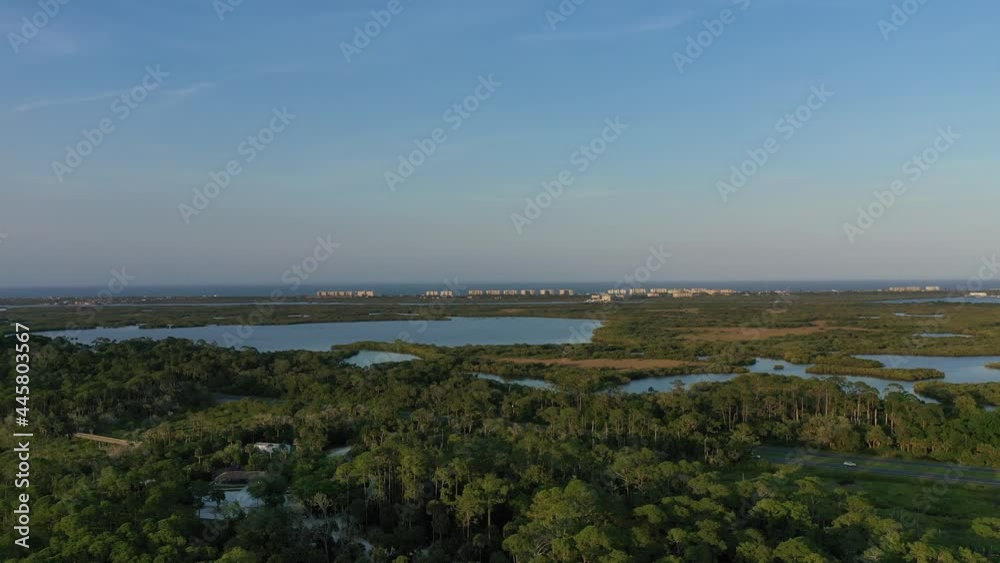 Aerial of the Spruce Creek Park traveling east over live oak and palm trees toward the Ponce Inlet, Florida skyline. Aerial of the Spruce Creek Park traveling east over live oak and palm trees toward the Ponce Inlet, Florida skyline.