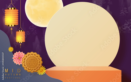 3d products podium mid autumn festival holiday or chinese new year, chinese festivals vector design with paper art ,flower, moon, rabbit, and asian elements with craft style on background.