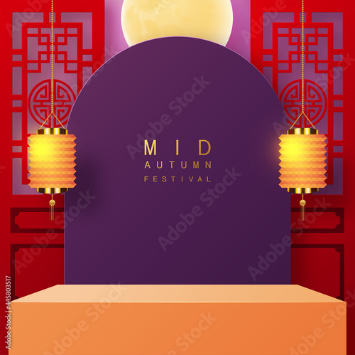 3d products podium mid autumn festival holiday or chinese new year, chinese festivals vector design with paper art ,flower, moon, rabbit, and asian elements with craft style on background.