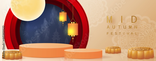 3d products podium mid autumn festival holiday or chinese new year, chinese festivals vector design with paper art ,flower, moon, rabbit, and asian elements with craft style on background.