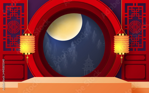 3d products podium mid autumn festival holiday or chinese new year, chinese festivals vector design with paper art ,flower, moon, rabbit, and asian elements with craft style on background.