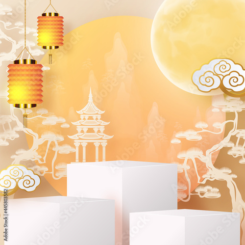 3d products podium mid autumn festival holiday or chinese new year, chinese festivals vector design with paper art ,flower, moon, rabbit, and asian elements with craft style on background.