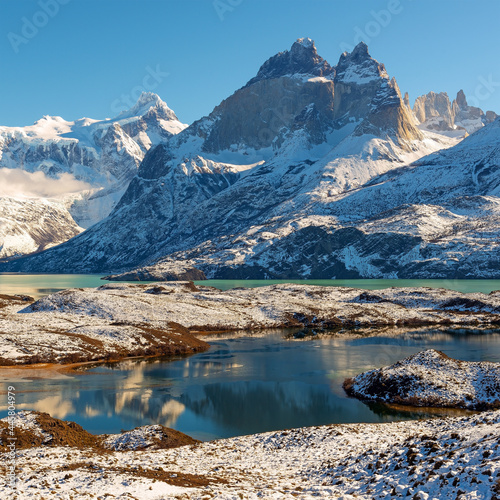 Cuernos del Paine peaks at sunset in winter, Torres del Paine national park, Patagonia, Chile. Square composition.
