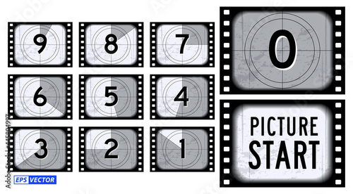 set of film countdown frame isolated or creative counted down numbers vintage style or old retro movie beginnings count concept. eps vector