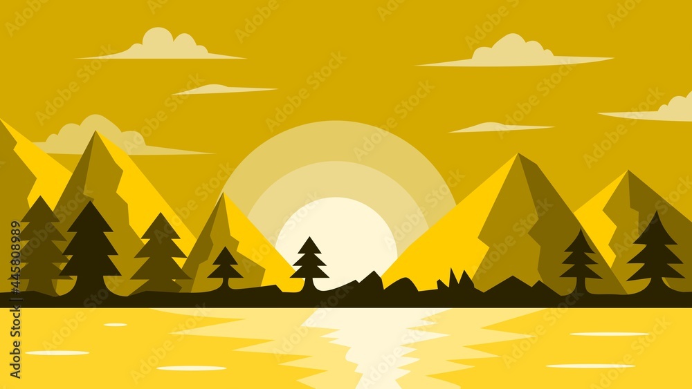 Landscape View of Mountain, Forest and Sea Background Illustration