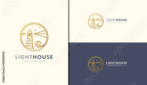 Luxury lighthouse logo with line art style in gold gradient