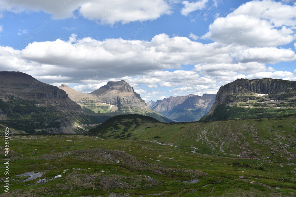 Beautiful views of the mountains and valleys in Glacier National Park, Montana.