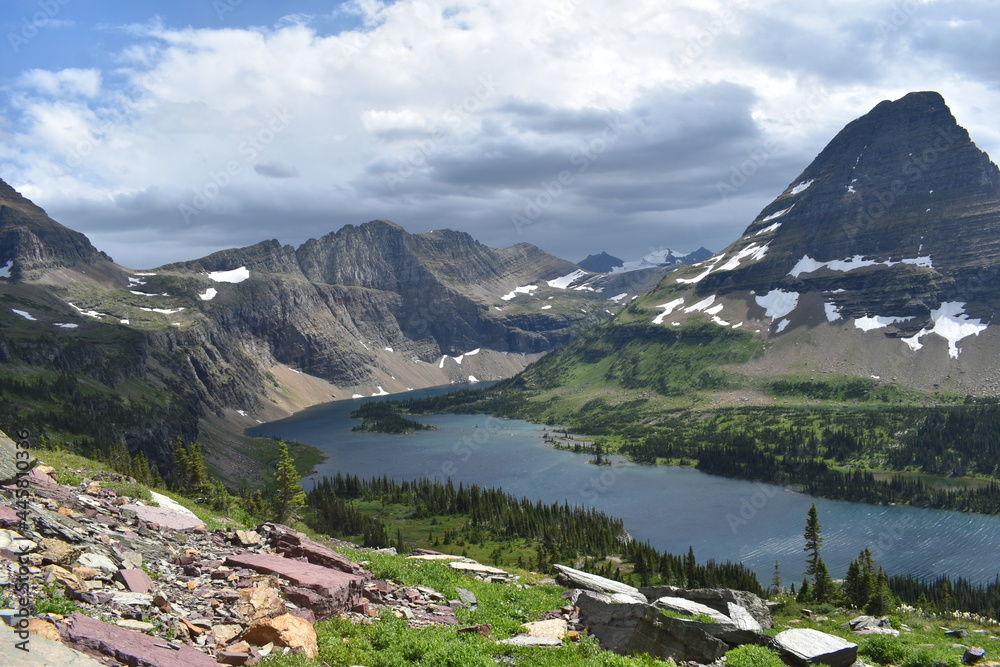 Hidden Lake and the surrounding mountains of Glacier National Park, Montana.