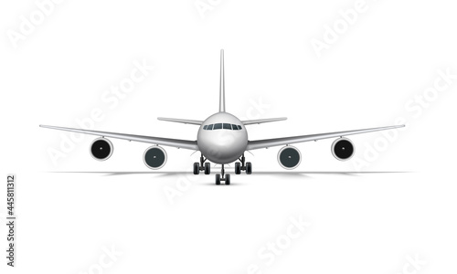 Realistic standing airplane, jet aircraft or airliner front view. Detailed passenger air plane on white