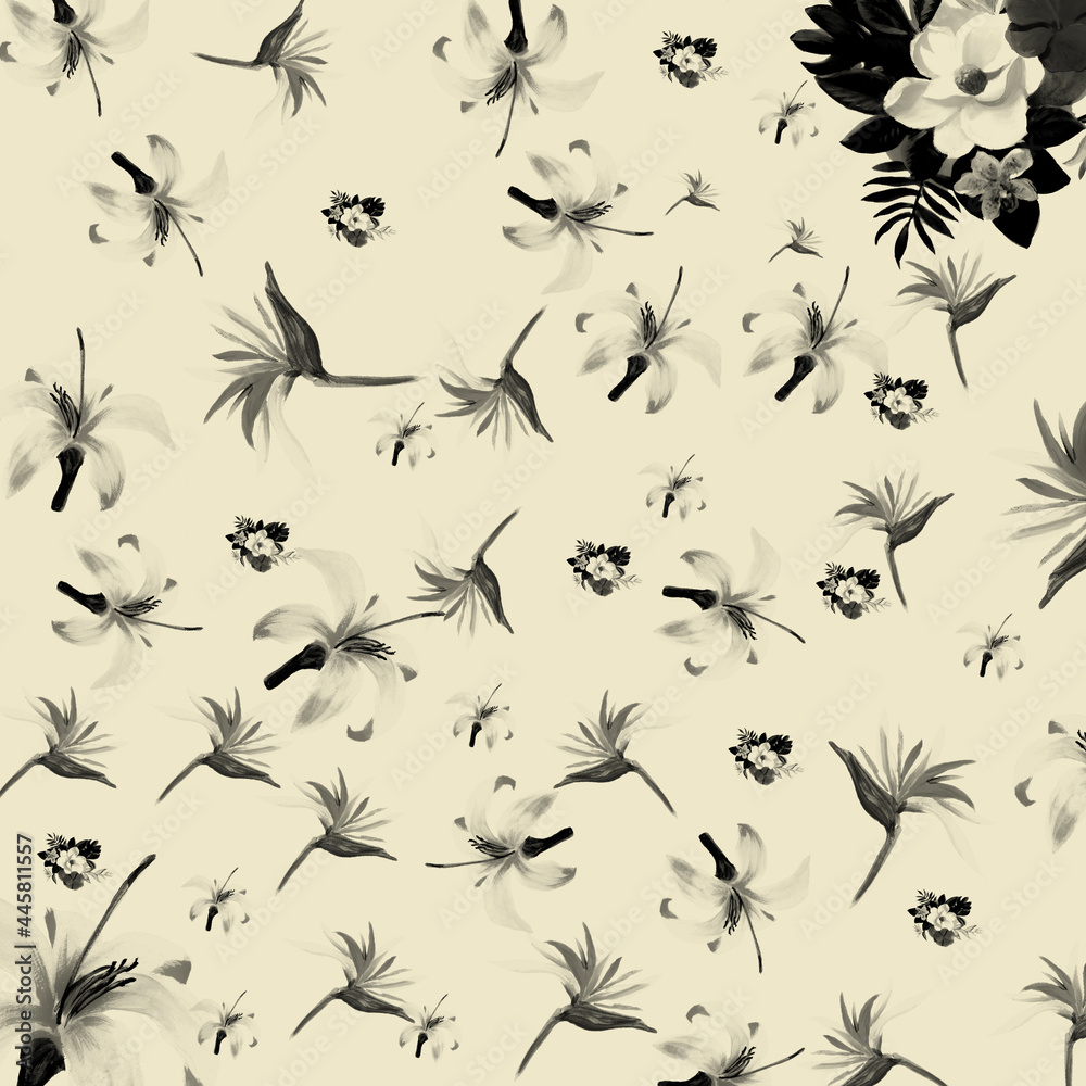Gray Pattern Art. White Tropical Textile. Black Floral Background. Decoration Painting. Floral Design. Summer Background. Spring Textile. Wallpaper Leaf.