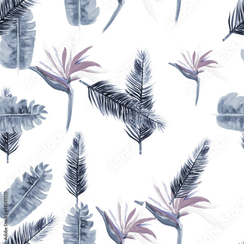 Gray Pattern Texture. Blue Tropical Illustration. Indigo Floral Design. White Flora Design. Azure Decoration Design. Navy Wallpaper Plant. Cobalt Spring Foliage.