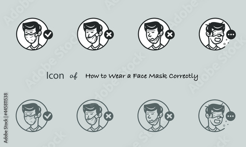  icon design, vector icons set. How to wearing mask protection from virus, wearing the mask in the right way.