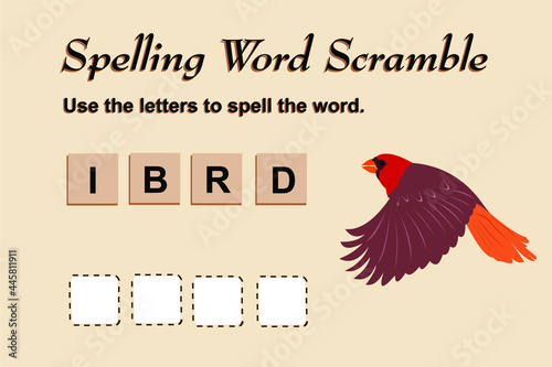 Spelling scramble game template for bird illustration