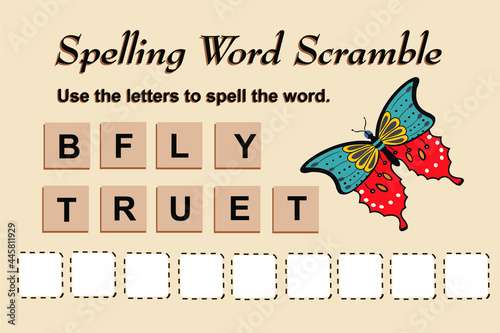 Spelling scramble game template for butterfly illustration