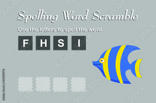 Spelling scramble game template for fish illustration