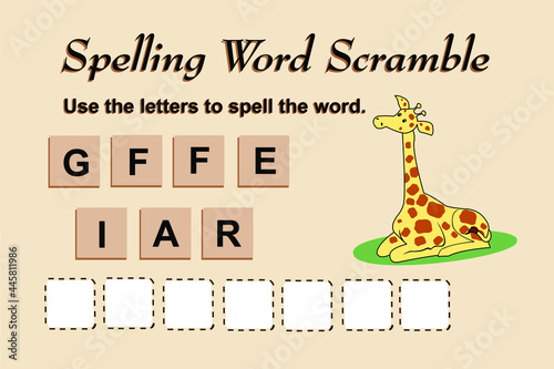 Spelling scramble game template for giraffe illustration