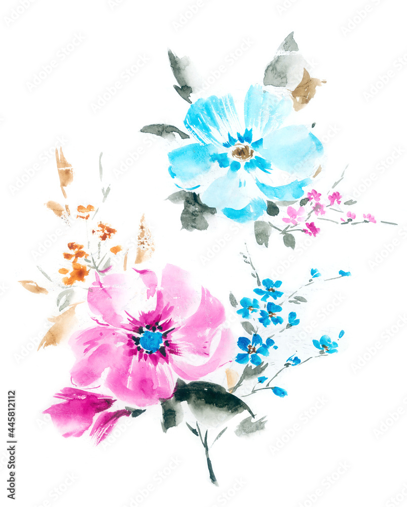 Fototapeta premium Flowers watercolor illustration.Manual composition.Big Set watercolor elements，Design for textile, wallpapers，Element for design,Greeting card