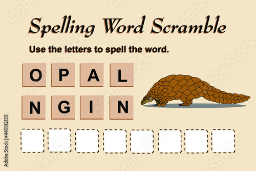 Spelling scramble game template for pangolin illustration