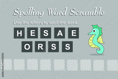 Spelling scramble game template for seahorses illustration