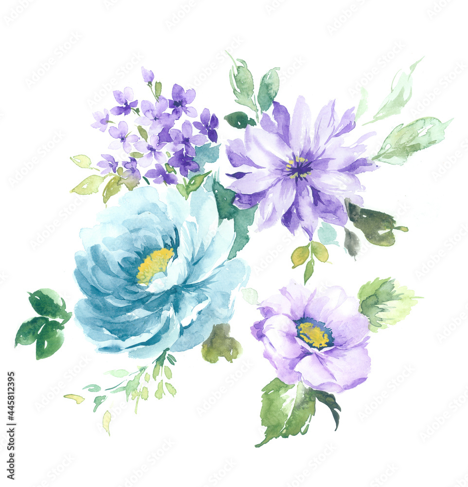 Fototapeta Flowers watercolor illustration.Manual composition.Big Set watercolor elements，Design for textile, wallpapers，Element for design,Greeting card