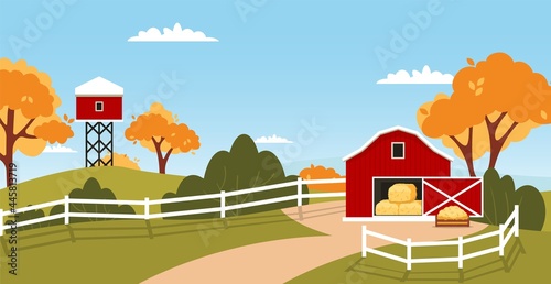 Fototapeta Naklejka Na Ścianę i Meble -  Red barn house Farm autumn landscape. Rural house countryside farming meadow. Farmland construction wooden red barn. Natural american barnyard village.