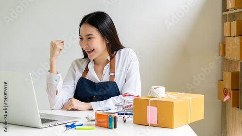 Independent Asian woman SME business owner online shopping working on laptop computer with parcel box on table at home - online SME business and online shipping and shopping concept.